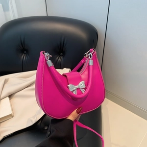 Sweet PU Leather Crescent Crossbody Bag For Women Fashion Solid Color Bow Shoulder Handbag With Zipper Closure Daily