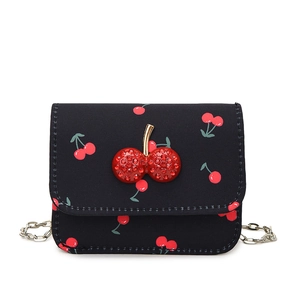 Cute black crossbody bag with red cherry patterns and crystal cherry embellishment