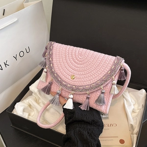 Woven Tassel Saddle Bag For Women Ethnic Bohemian Style Crossbody Bag Vacation Summer Beach Shoulder Bag Fabric Embroidery
