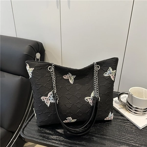 Women Quilted Fabric Tote Bag With Colorful Butterfly Embroidery Metal Chain Shoulder Crossbody Bag Large Capacity Handbag