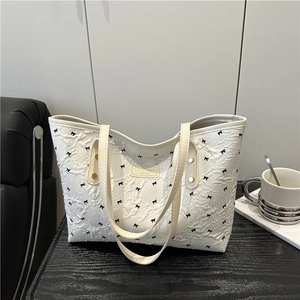 Women Large Capacity Tote Bag Wrinkled Fabric With Black Mini Bow Print Shoulder Bag For Student School Commute Fashion Handbag