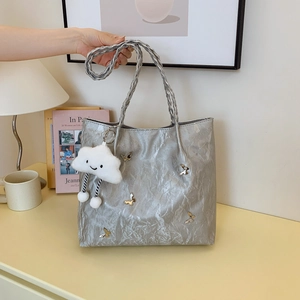 Large Capacity Wrinkled PU Leather Tote Bag For Women Fashion Silver Butterfly Decor Braided Handle Shoulder Bag With Cloud Pendant