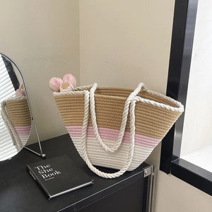 Women Summer Striped Large Capacity Woven Tote Bag Contrast Color Beach Vacation Shoulder Bag With Lace Bow Straw Handbag