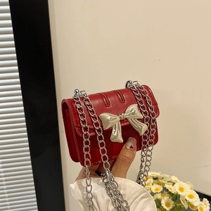 Fashion Women Mini Crossbody Bag PU Leather Metal Bow Decor Chain Strap Small Square Bag Girl Coin Purse Party Shoulder Bag