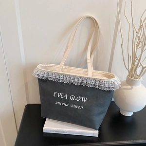 Sac Fourre-tout Femme en PU avec Bordure en Dentelle Esthétique Impression de Lettres Sac à Épaule Sac Sous les Bras Étudiant Mode