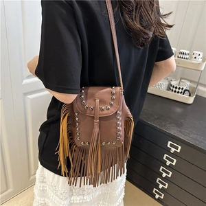 Brown fringe crossbody bag with silver studs in lychee grain faux leather