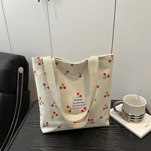 Women Aesthetic Cherry Print Corduroy Tote Bag Large Capacity Lightweight Single Shoulder Bag Casual Handbag Summer Shopper Bag