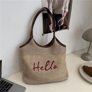 Women's Casual Woven Straw Tote Bag With Hello Letter Embroidery Large Capacity Summer Beach Vacation Shoulder Bag