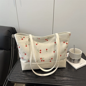 Sac Cabas en Velours Côtelé Imprimé Cerise pour Femmes Grande Capacité Patchwork en Cuir Synthétique Sac à Épaule Décontracté Esthétique
