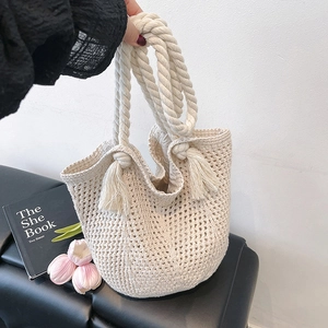 Hollow Out Woven Tote Bag For Women Large Capacity Knitted Shoulder Bag With Tassel Casual Bohemian Beach Travel Handbag