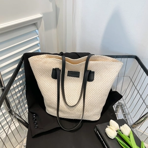 Sac Fourre-Tout en Paille Tissée de Grande Capacité Mode Casual PU Couleur Contrastée Sac à Épaule Plage Femme