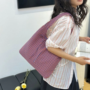 Floral reversible canvas tote bag with blue and orange plaid pattern and large capacity