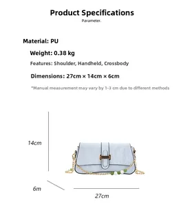 Detail view of light blue PU leather handbag showing 27x14x6cm dimensions and gold chain strap
