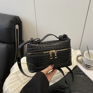 Women Fashion Woven Box Crossbody Bag Solid Color PU Leather Handbag With Adjustable Long Strap Summer Trendy Commute Vanity Bag