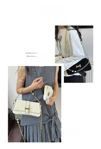 Chic shoulder bag with metallic H-buckle and beaded chain strap on models