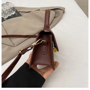 Detail view of the mini brown crossbody bag featuring golden hardware and leather strap