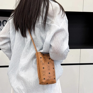 Brown textured PU leather crossbody phone bag with bear print and adjustable strap