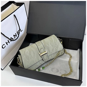 Detail of light green leather shoulder bag with gold buckle and beaded chain strap