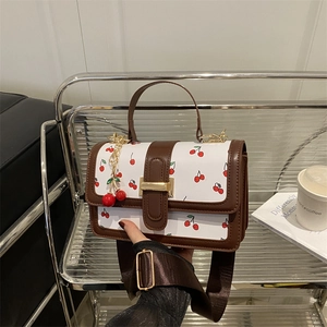 Fashion Women Cherry Print PU Leather Crossbody Bag Sweet Small Square Shoulder Bag With Adjustable Wide Strap And Cherry Pendant