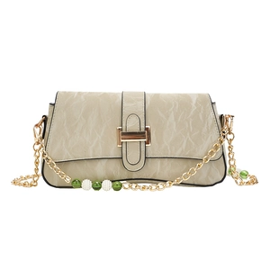 Retro beige pleated faux leather shoulder bag with gold buckle and beaded chain strap