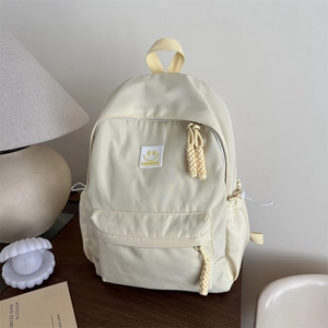 Minimalist Oxford Cloth Women School Backpack Large Capacity Smiley Patch Design Casual Student Daypack With Woven Rope Zipper