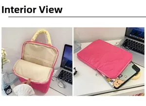 Detail of pink laptop sleeve featuring heart quilting and internal layered storage pockets