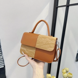 Fashion Patchwork Contrast Color Women Crossbody Bag PU Leather Crinkled Texture Small Square Handbag Shoulder Bag Daily