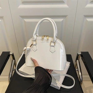 Women Minimalist Glossy PU Leather Shell Handbag Solid Color Crossbody Bag With Adjustable Shoulder Strap Elegant Fashion Tote