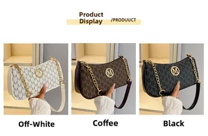 Detailed view of monogram crescent bags in beige, coffee, and black with golden chains