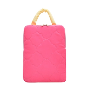 Quilted rose red laptop sleeve with yellow handles and cloud stitch pattern