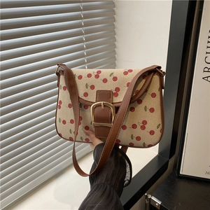 Vintage Cherry Print Canvas Underarm Bag For Women Fashion Small Square Shoulder Bag With Metal Buckle And Synthetic Leather Trim