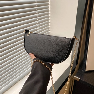 Damen Mode Lychee Muster PU Leder Achseltasche Halbmond Baguette Schulter Umhängetasche Kette Riemen Einfarbige Handtasche