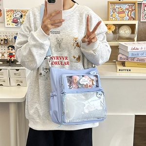 Large capacity light blue transparent tote bag for pins with adjustable strap