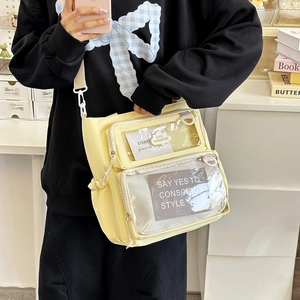 Casual large capacity yellow canvas tote bag with transparent front zipper pockets