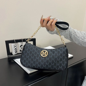 Women Fashion PU Leather Underarm Bag Retro M Monogram Print Shoulder Bag With Gold Metal Logo Chain Strap Daily Handbag