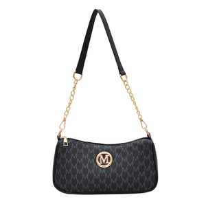 Fashionable black crescent shoulder bag with M letter prints and gold hardware detail