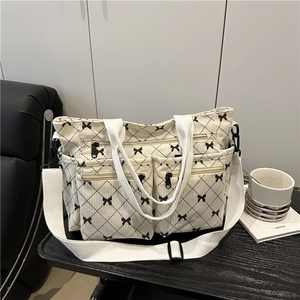 Borsa Tote da Donna in Velluto a Coste con Fiocco e Motivo a Rombi Grande Capacità Borsa a Tracolla Casual Multitasche