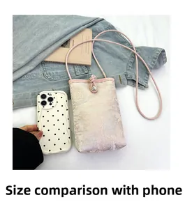 Vertical phone crossbody bag with Chinese mountain landscape patterns and pink cord strap