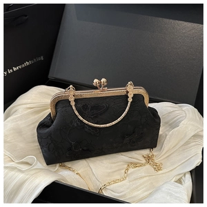 Macro detail of black lace embroidery evening bag with champagne gold metal frame