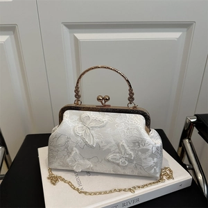 Elegant Butterfly Embroidered Lace Shell Bag Vintage Clutch Evening Bag With Metal Handle Chain Strap For Women