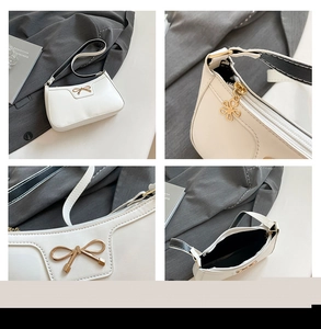 Vues détaillées d'un sac à bandoulière blanc avec nœud doré et pendentif fleur en métal