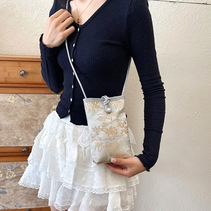 Elegant Chinese style crossbody phone bag with gold embroidery and knot detail on grey trim