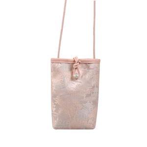 Chic pink jacquard embroidery phone bag with traditional Chinese landscape patterns