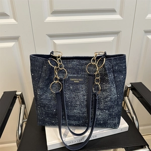 Fashion Women Denim Texture Tote Bag Large Capacity Chain Decor Shoulder Bag Versatile Commuting Casual Top Handle Handbag