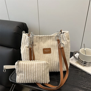 Women Corduroy Tote Bag Set Large Capacity Casual Shoulder Bag With PU Leather Strap Silver Metal Chain Minimalist Handbag