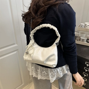 White ruched cloud handbag with pearl chain charm and soft leather handle for women