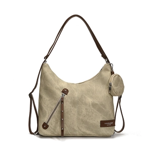 Minimalist large canvas tote bag with leather trim and round coin purse in beige