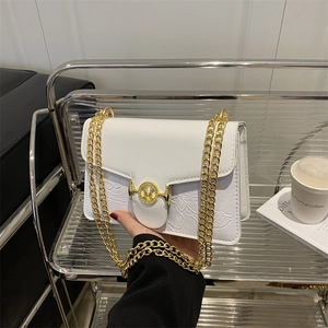 Women Floral Embossed PU Leather Chain Crossbody Bag Elegant Small Square Shoulder Bag With Gold Letter M Buckle