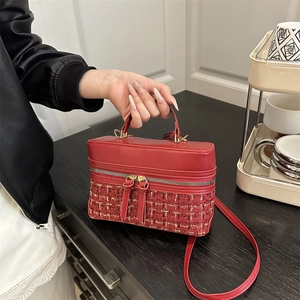 Women's Elegant Tweed Splicing Crossbody Bag PU Leather Patchwork Box Handbag With Tassel Dual Zipper Casual Shoulder Bag