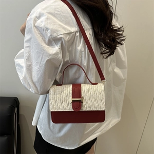 Contrast color woven handbag with red leather trim and metal clasp shown on model